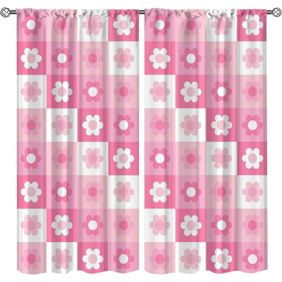 Cute Retro 70s Window Drapes & Treatment, Vintage Check Floral Cafe Rod Pocket Curtains 2 Panels, Kitchen Dining Room Curtains Do Not Fade Pattern Clear for Living Room Bedroom Office-W84xL84in