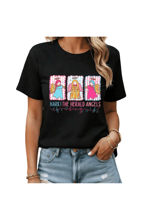Cute Retro Angels Christmas Graphic Tees Womans T shirt Black/White S-5XL Shirts Festive Holiday Tops