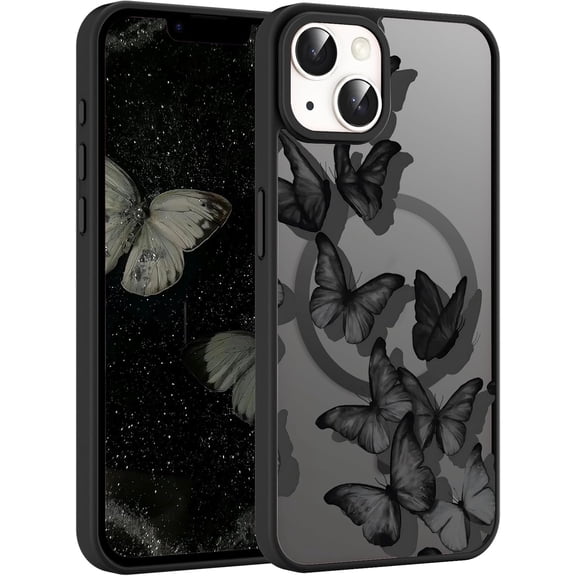 Cute Retro Black Butterfly Magnetic Phone Case for iPhone 14 / iPhone 13 6.1" Compatible with MagSafe, Aesthetic Retro Black Pattern Bumper Translucent Matte Protective Cover for Women Girls