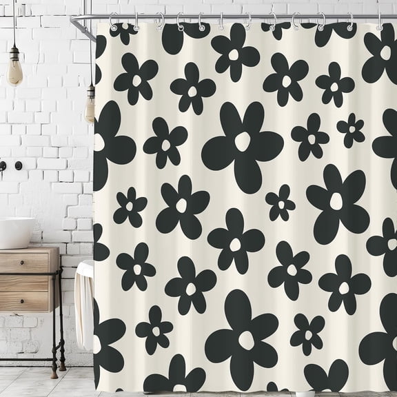 Cute Retro Black Floral Shower Curtain for Bathroom 72W*72H Inch Abstract Flower 70s Lovely Vintage Aesthetic Funky Bathtub Decor Modern Trendy Waterproof Polyester Fabric Set with 12 Hooks