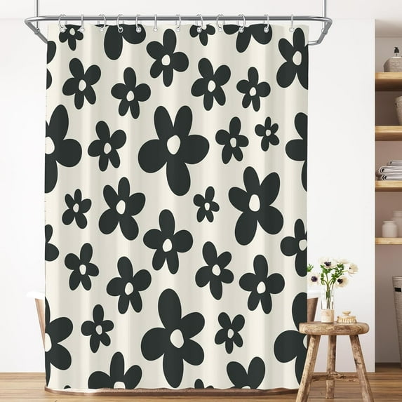 Cute Retro Black Floral Shower Curtain for Bathroom 72W*72H Inch Abstract Flower 70s Lovely Vintage Aesthetic Funky Bathtub Decor Modern Trendy Waterproof Polyester Fabric Set with 12 Hooks