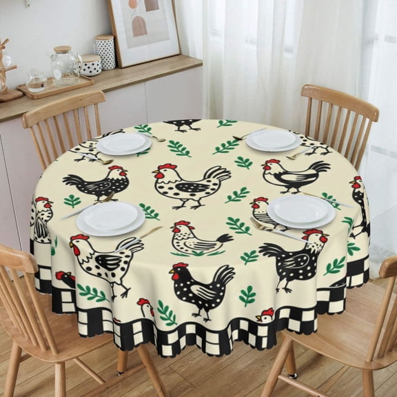 Checkered Farm Chicken Round Tablecloth Waterproof Oil Proof Spill Proof Table Cloth 70" for Camping, Dining, Indoor and Outdoor Table Cover