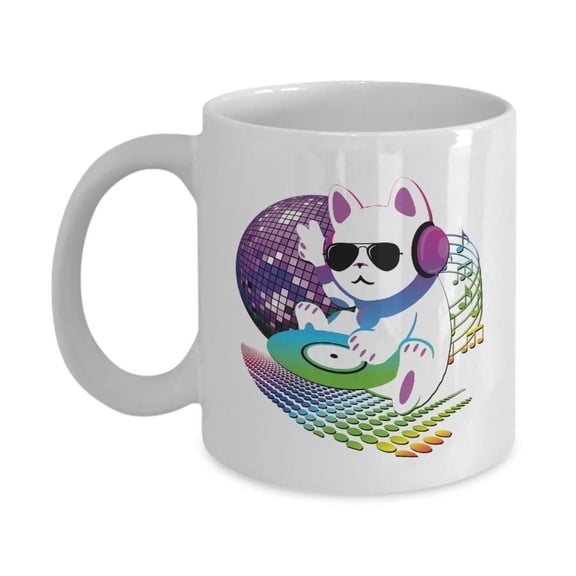Cute Retro CAT DJ With Headphones, Sunglasses, CD Vinyl & Disco Ball Art Coffee & Tea Gift Mug, Party Favors, Giveaways, Supplies, Desk Décor, Accessories And Items For A Disc Jockey Or Deejay