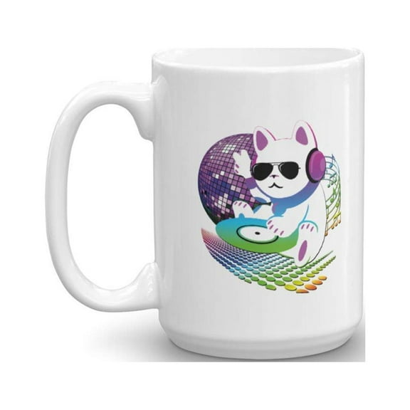 Cute Retro CAT DJ With Headphones, Sunglasses, CD Vinyl & Disco Ball Art Coffee & Tea Gift Mug, Party Favors, Giveaways, Supplies, Desk Dcor, Accessories And Items For A Disc Jockey Or Deejay (15oz)