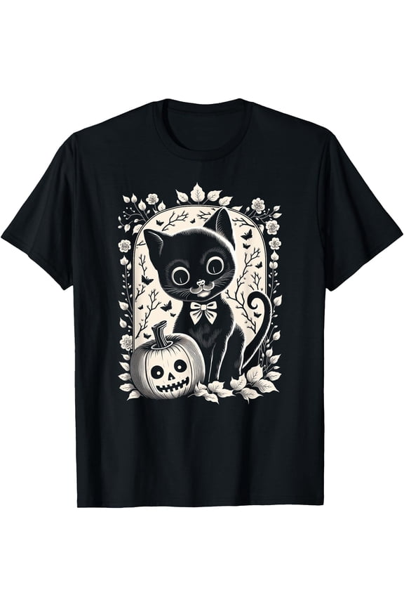 Cute Retro Cat And Pumpkin Jack-O'-Lantern Unisex S-5XL T-Shirt