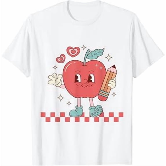 Cute Retro Checkered Apple with Face Teacher Pencil Trendy T-Shirt