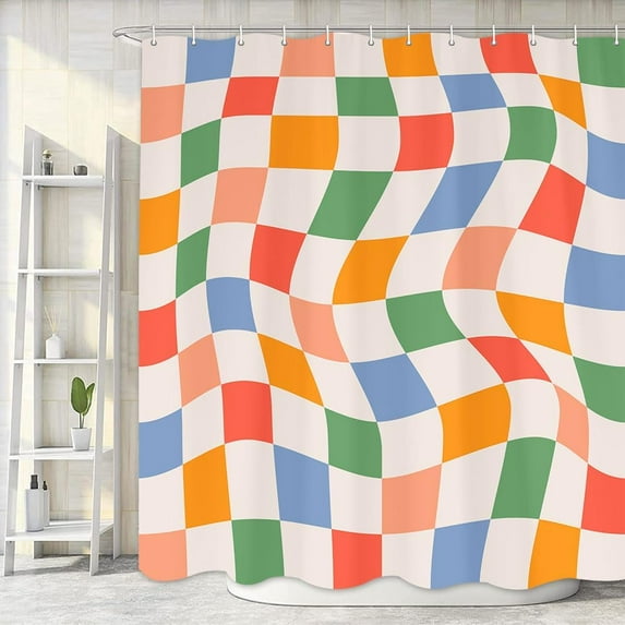 Cute Retro Checkered Vintage Checkered Shower Curtain, 70s Retro Aesthetic Hippie Funky Fun Bath Curtain, Boho Minimal Abstract Bathroom Accessories Green Pink Beige for Bathroom Curtains, 72x72IN