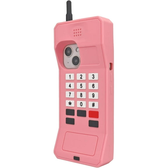Cute Retro Classic Cellular Phone Shaped Case for iPhone 13 / iPhone 14 / iPhone 15 6.1 Inch, Soft Silicone 3D Cartoon Cover, Kids Girls Rubber Protector for iPhone 13/14/15 (Pink)
