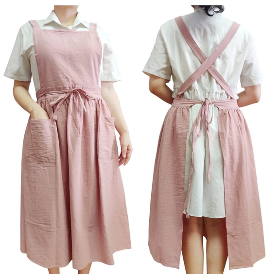 Cute Retro Cotton Linen X-Back Aprons Home Kitchen Garden Art Painting Pinafore Florist Shop Overalls (Grey, 39L)
