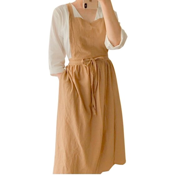 Cute Retro Cotton Linen X-Back Aprons Home Kitchen Garden Art Painting Pinafore Florist Shop Overalls (Grey, 39L)