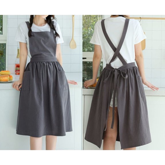 Cute Retro Cotton Linen X-Back Aprons Home Kitchen Garden Art Painting Pinafore Florist Shop Overalls (Grey, 39L)