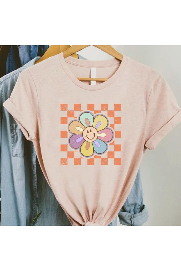 Cute Retro Daisy Tee,Pastel Smile Face Flower Shirt,Groovy Y2K Checkered Aesthetic T-Shirt,Trendy Colorful Vintage Style Women SWEATSHIRT All Size S-5XL
