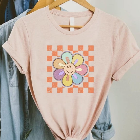 Cute Retro Daisy Tee,Pastel Smile Face Flower Shirt,Groovy Y2K Checkered Aesthetic T-Shirt,Trendy Colorful Vintage Style Women TSHIRT All Size S-5XL