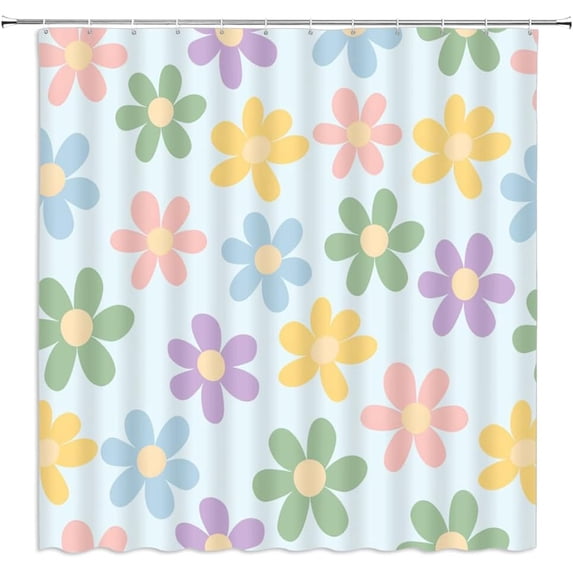 Cute Retro Flower Shower Curtain Colorful Floral Unique Pastel Daisy Groovy Lovely Women Girls Blue Fabric Bathroom Decor Curtains with Hooks,84 x 72