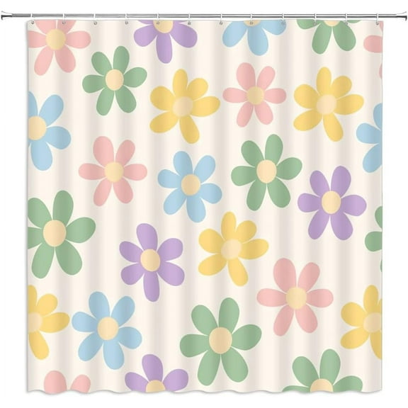 Cute Retro Flower Shower Curtain Groovy Colorful Floral Unique Pastel Daisy Lovely Women Girls Fabric Bathroom Decor Curtains with Hooks,72 x 72