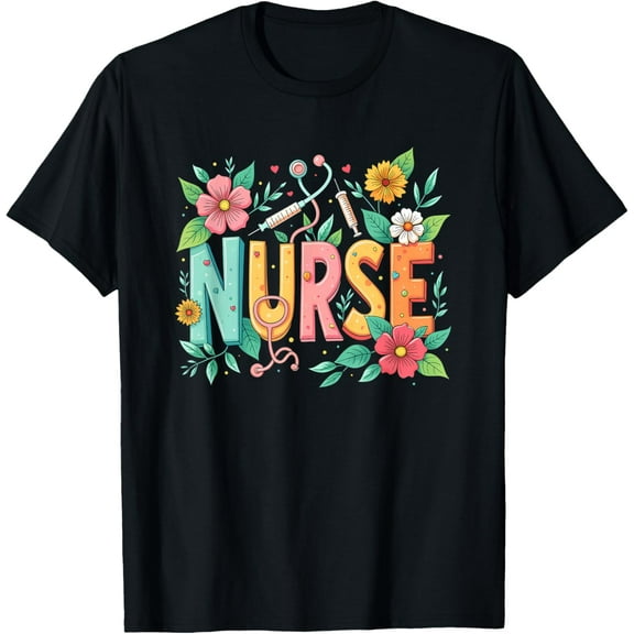 Cute Retro Groovy Nurse Flower Graphic T-Shirt with Bold Typography Design