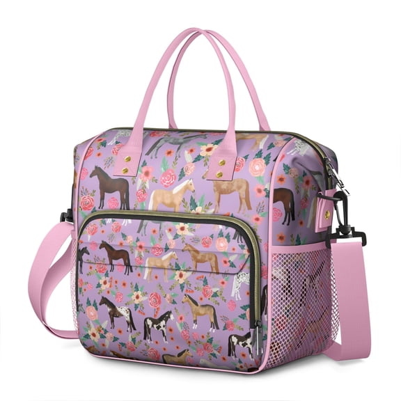 Cute Retro Horse Print Insulated Lunch Bag, Large Leakproof Lunch Box Cooler Tote with Foal and Pony Patterns, Perfect for Farm or Work Use