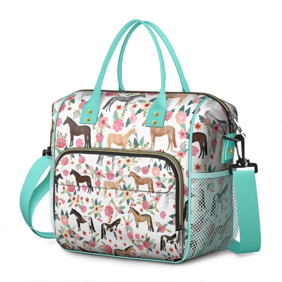 Cute Retro Horse Print Insulated Lunch Bag, Large Leakproof Lunch Box Cooler Tote with Foal and Pony Patterns, Perfect for Farm or Work Use
