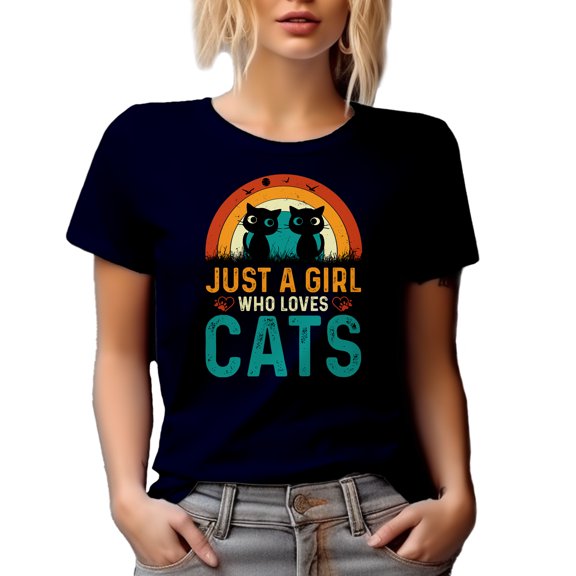 Cute Retro Just a Girl Who Loves Cats, Cat Lover Quote, Navy Blue T-Shirt, 3XL