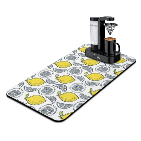 Cute Retro Lemon Fruit Coffee Bar Mat Multi-Functional Absorbent Drying Mat for Kitchen Counter Bright Yellow Lemons and Bees Print