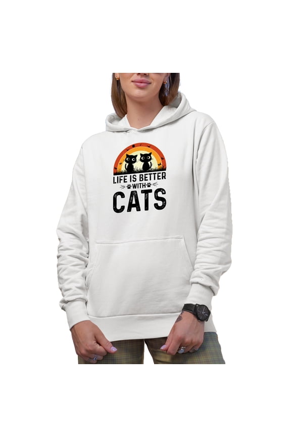Cute Retro Life Is Better with Cats, Cat or Fur Parent, White Hooded Sweatshirt or Hoodie, Large