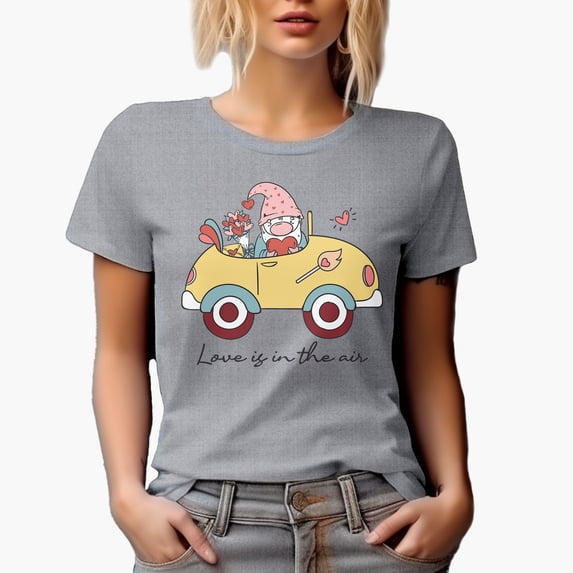 Cute Retro Love Is in the Air with Gnome in a Car, Valentine's Day Gift, Heather Grey T-Shirt, XL