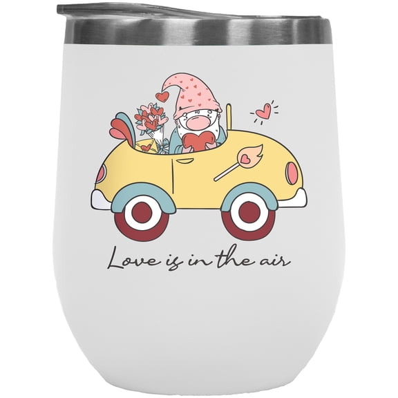 Cute Retro Love Is in the Air with Gnome in a Car, Valentine's Day Gift, White 12oz Wine Tumbler