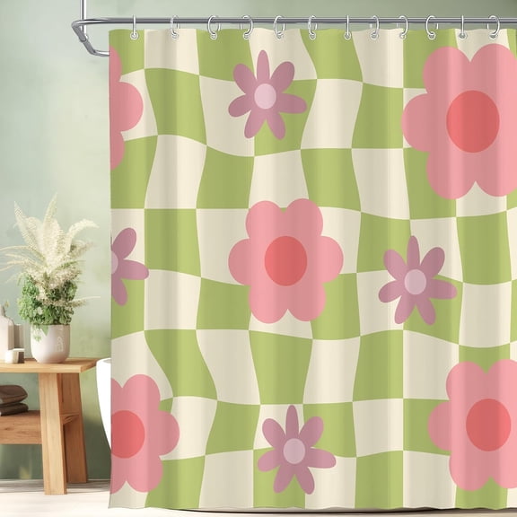 Cute Retro Pink Green Floral Checkered Shower Curtain for Bathroom 72W*72H Inch Funky Groovy 70s Abstract Flower Bathtub Decor Plaid Aesthetic Waterproof Polyester Fabric Set with 12 Hooks