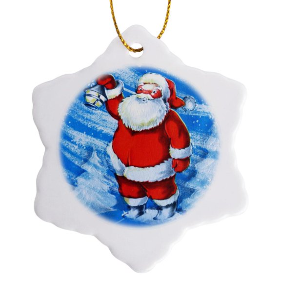 3drose, Cute Retro Santa with Lantern in the Snow Illustration, 3 inch Snowflake Porcelain Ornament