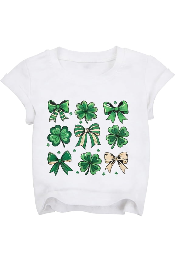 Cute Retro St Patricks Day Lucky Green Shamrock Coquette Bow Girl T-Shirt
