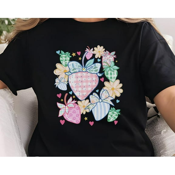 Cute Retro Strawberry Shirt, Pastel Cottagecore Fruit Tee, Gingham Berry T-Shirt, Floral Bow Summer Top, Y2K Kawaii Vintage Style Shirt