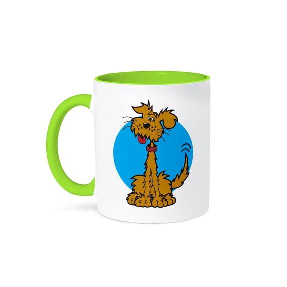 3dRose, Cute Retro Style Brown Shaggy Puppy Dog Pet Animal Cartoon, 11oz Two-Tone Green Mug