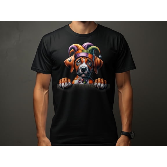 Cute Rhodesian Ridgeback Dog Pup in Jester Hat T-Shirt, Funky Puppy Graphic Tee, Colorful Pet Lover Gift, Unisex Animal Apparel