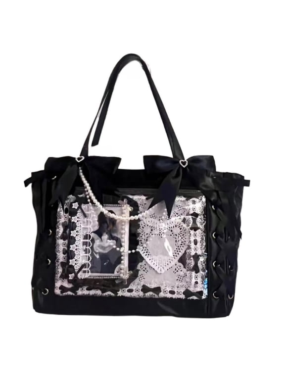 Cute Ribbon Bow Ita Tote Bag, Clear Front Window Anime Pin Display Large Capacity Shoulder Handbag