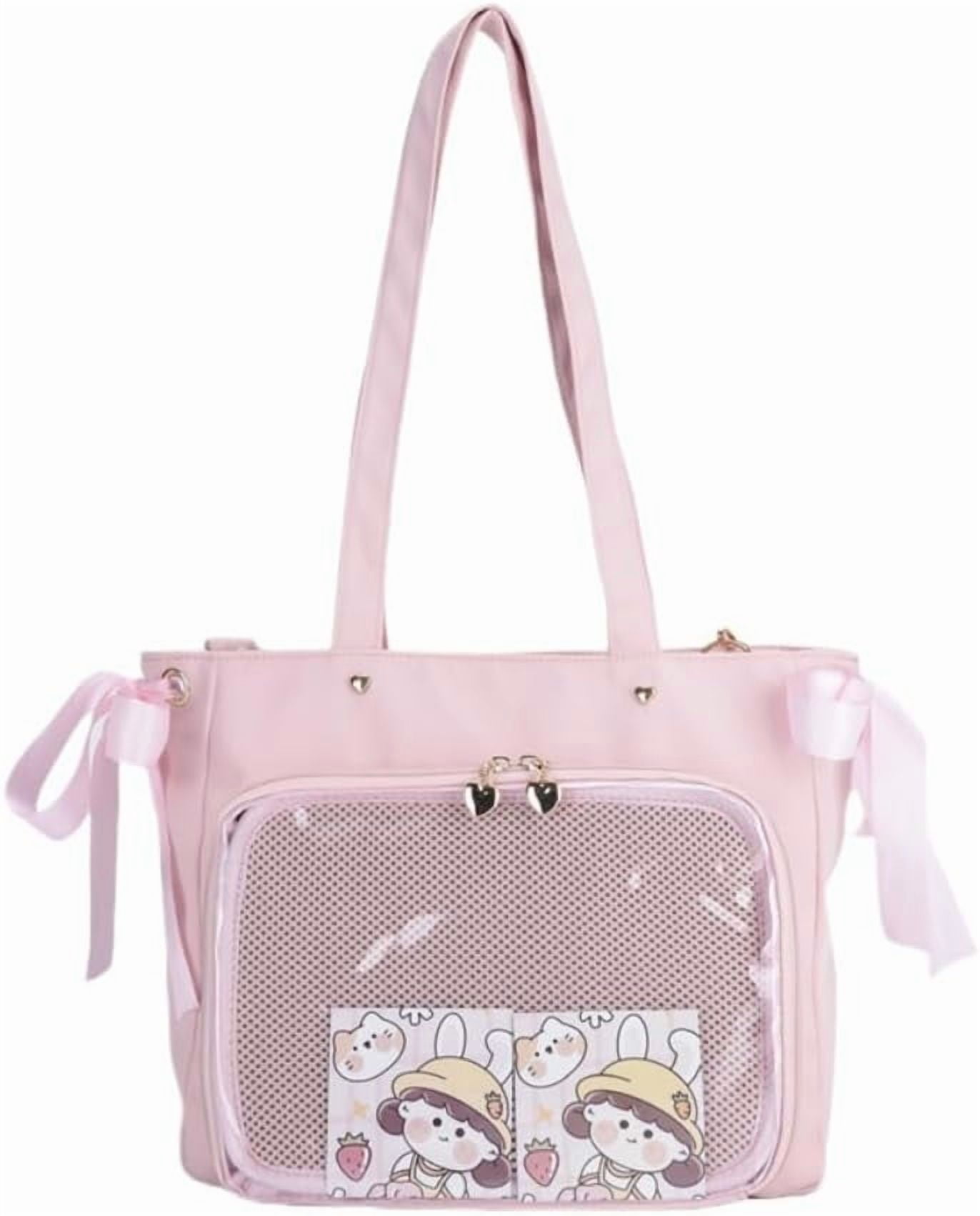 JUYGO Cute Ribbon Japanese Ita Bag Large Tote Crossbody Bag Messenger Bag for Women Aesthetic Bag Y2K Purse (White)