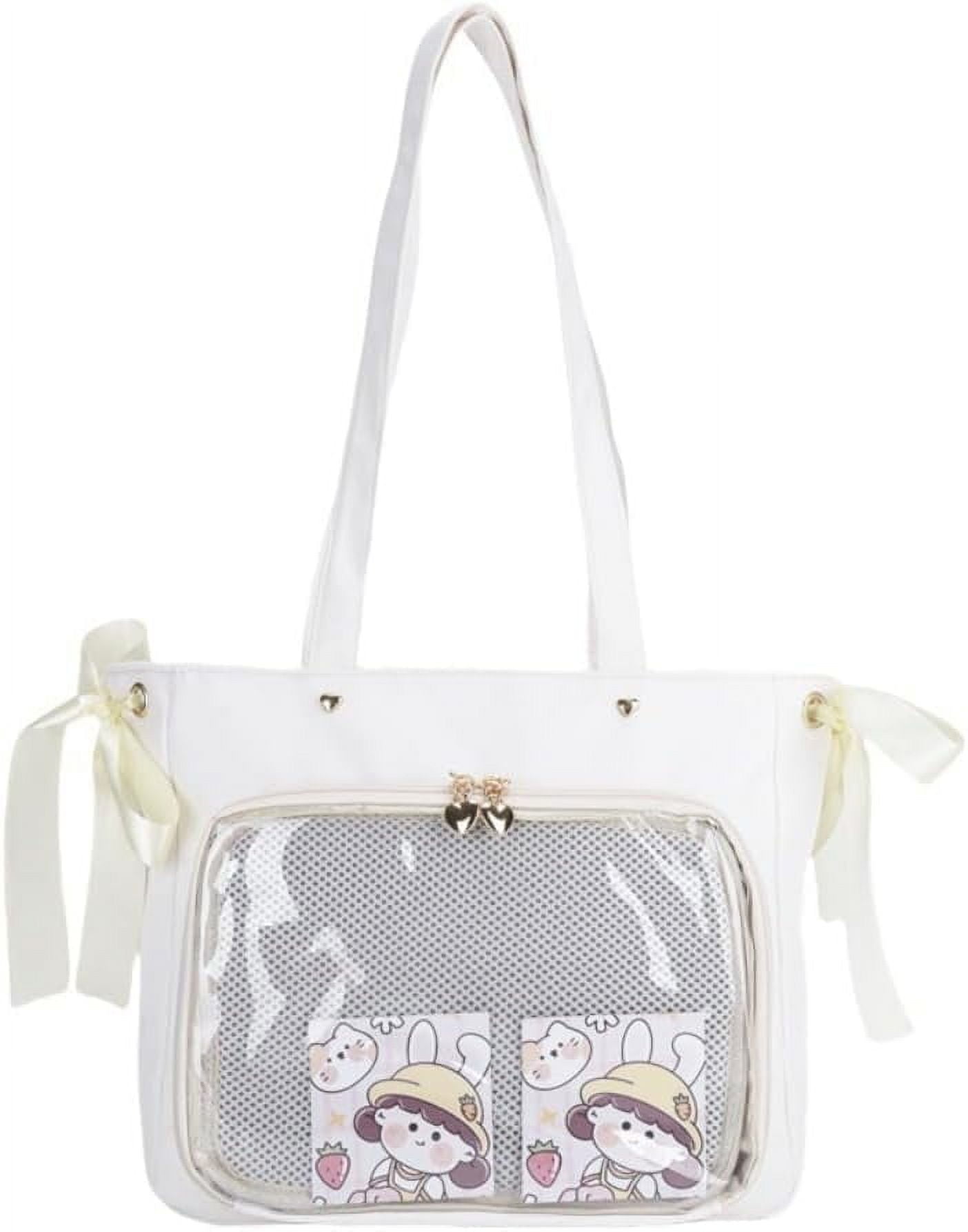 JUYGO Cute Ribbon Japanese Ita Bag Large Tote Crossbody Bag Messenger Bag for Women Aesthetic Bag Y2K Purse (White)