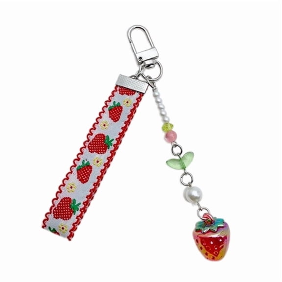 Ribbon Strawberry Keychain Cute Decorations Keyring Ornament Backpack Handbag Charm Pendant Gift for Girls Women