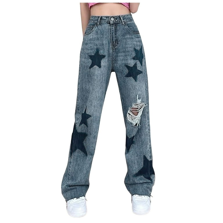 Casual Street Patchwork Ripped Straight Denim Jeans Casual Street Patchwork Ripped Straight Denim Jeans