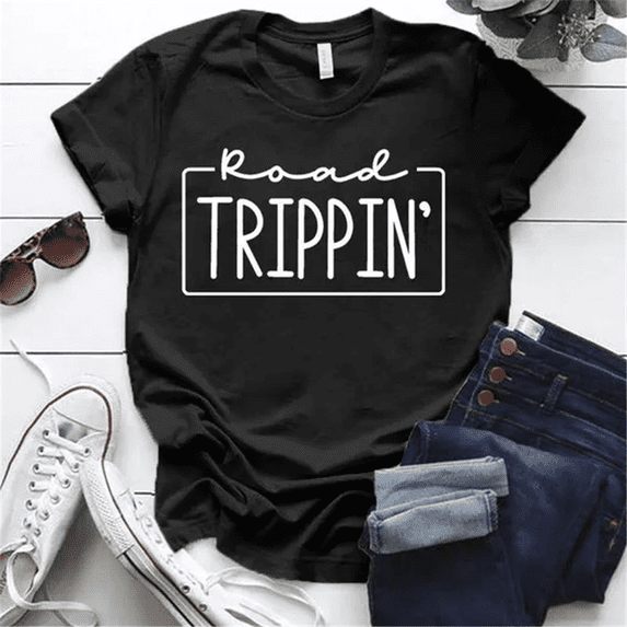 Cute Road Trippin Printed T-Shirts For Women Short Sleeve Funny Round Neck Tee Shirt Casual Summer Tops