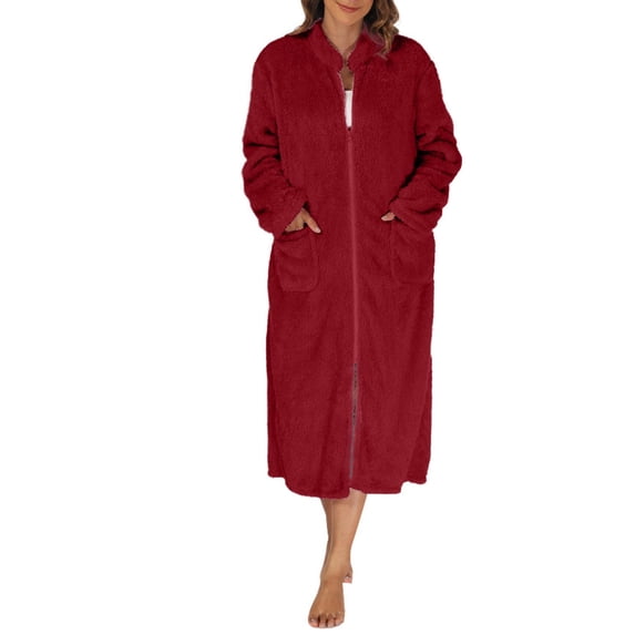 Cute Robe Womens Housecoat Zip Robe, Fleece Zip up Front Robe Bathrobe, Plush Warm Zipper House Coat Loungewear with Pockets S-175 Wine M