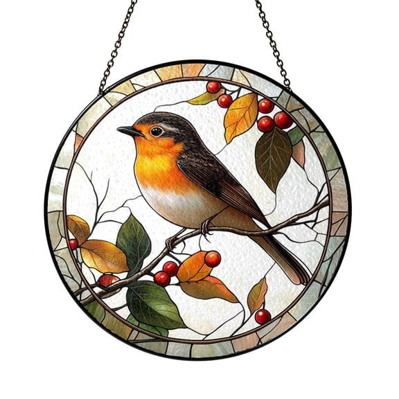 Cute Robin Bird Stained Glass Suncatcher – Round Window Hanging for Home Decor