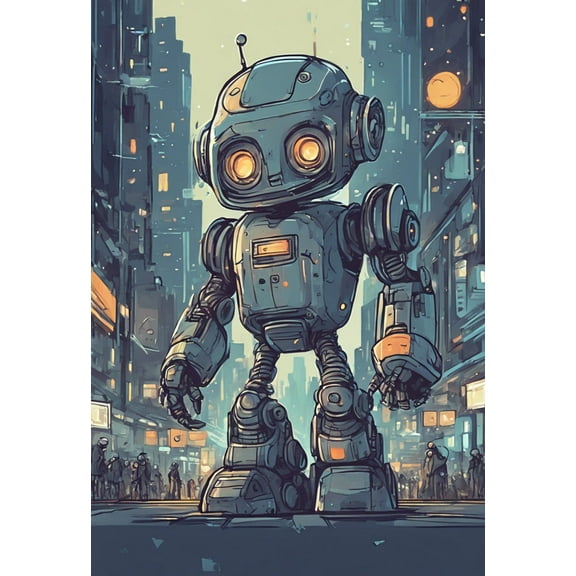 Cute Robot in The City Illustration I - 12" x 18" Art Print Wall Decor