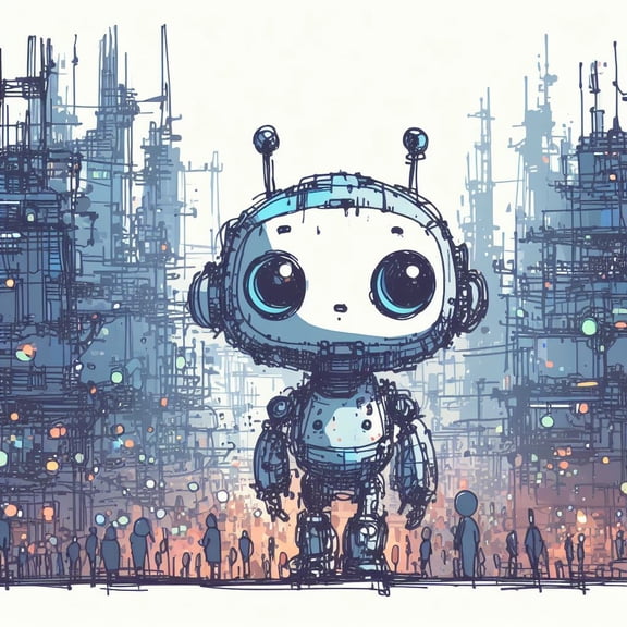 Cute Robot in The City Illustration II - 12" x 18" Art Print Wall Decor