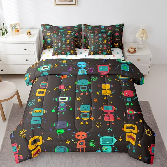 Cute Robots Bed in a Bag Queen Comforter Set 7 Piece,Watercolor Robot Bedding Sets Kawaii Cartoon Super Robot Sheet Set with Comforter,Black