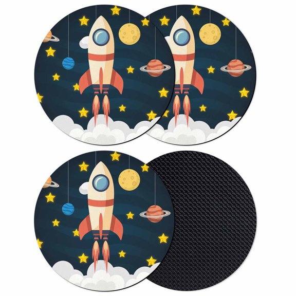 Cute Rocket Coasters Set of 4, Absorbent Coasters for Drinks, Space Star Cartoon Moon Coaster for Desk Coffee Table Protection, Home Decor House Warming Gifts 4"