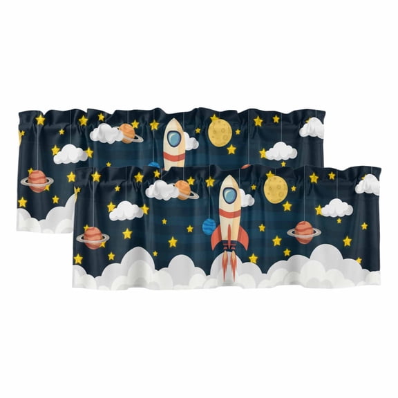 Cute Rocket Curtain Valances for Windows, Kitchen Valance Window Treatments Panel 2 Pack, Space Star Cartoon Moon Rod Pocket Short Curtains for Bathroom Bedroom 42 x 12 Inch