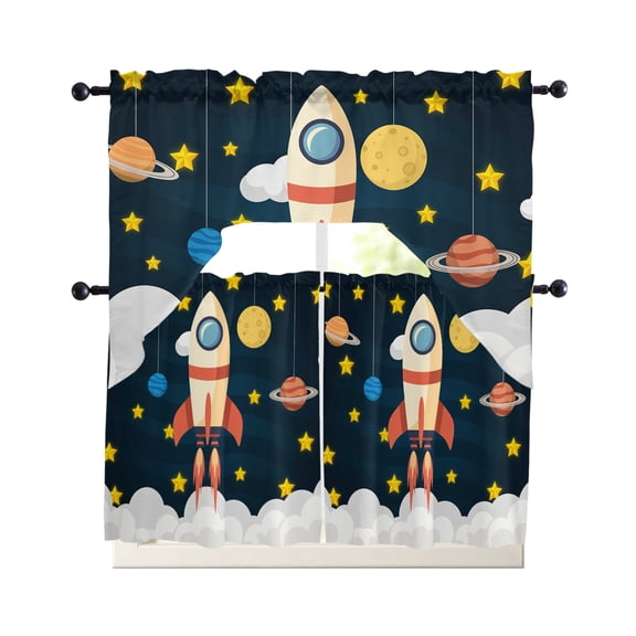 Cute Rocket Kitchen Curtains Set for Windows 3 Piece Cafe Curtains 24 Inch Length Swag Curtains Valances and Tier Set Space Star Cartoon Moon Drapes for Bedroom Bathroom Living Room