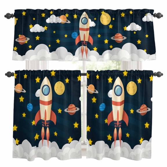 Cute Rocket Kitchen Curtains Sets for Windows 36 Inch Length, Space Star Cartoon Moon Rod Pocket Window Treatments Tier Curtains and Valances Set for Bedroom/Bathroom