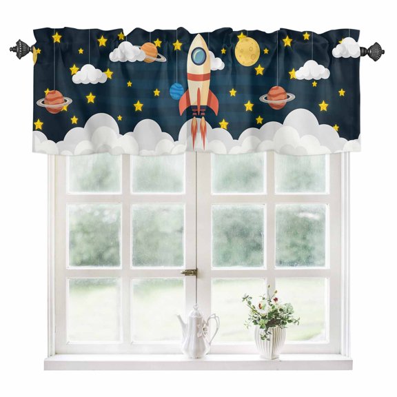 Cute Rocket Kitchen Valances for Windows 54x18 Inch Kitchen Curtains Valances Rod Pocket Space Star Cartoon Moon Bathroom Window Valances for Window Treatment Decor