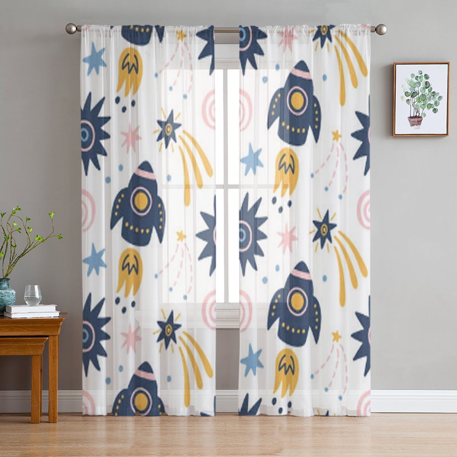 Cute Rocket Moon Space Pattern Tulle Sheer Window Curtain for Living